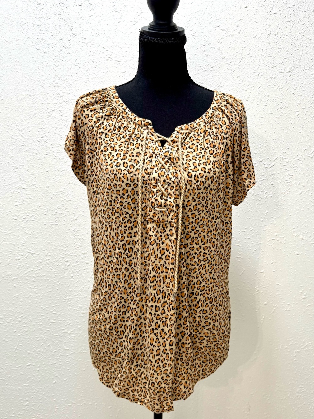 Chaps Leopard-Print Lace-Up Short Sleeve Top - Tan/Black